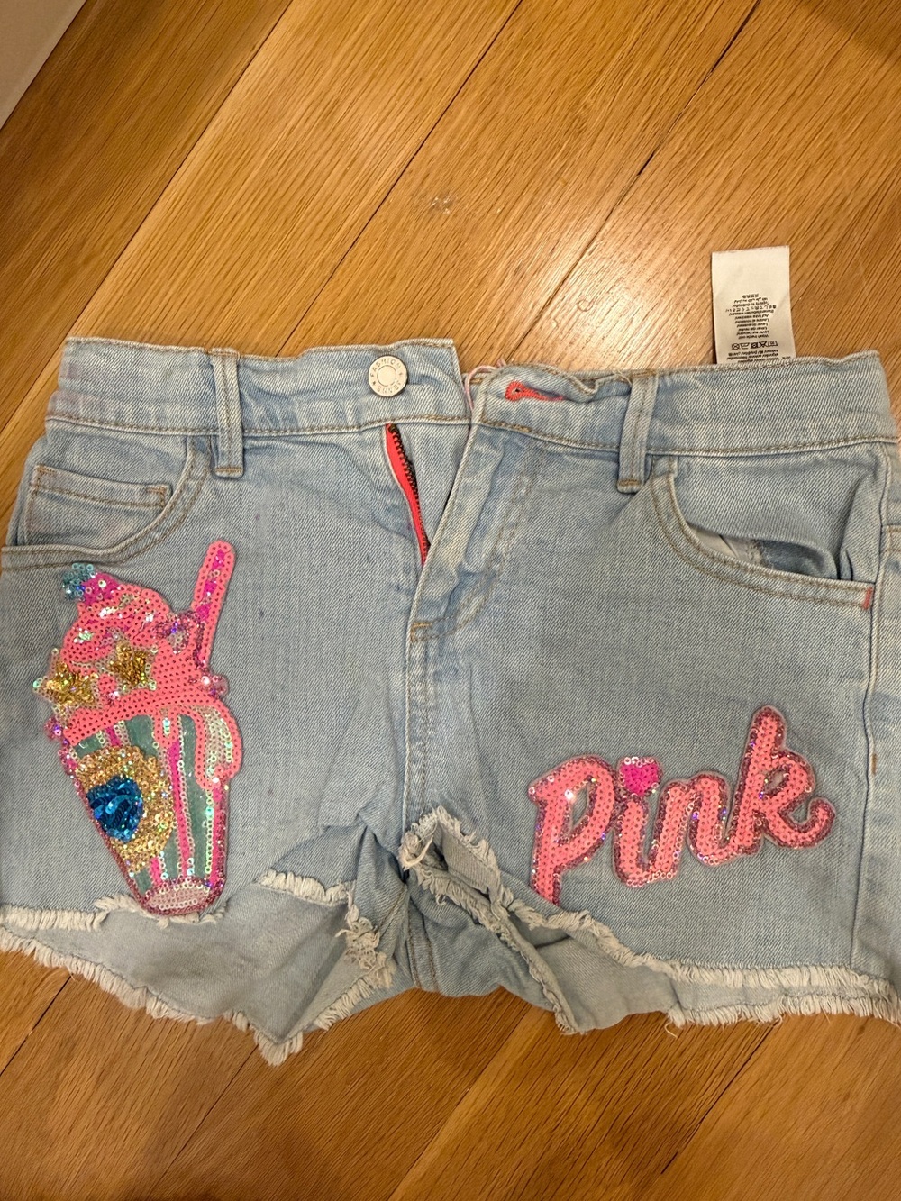 Billieblush Light Blue Denim Shorts with Pink Sequin Accents